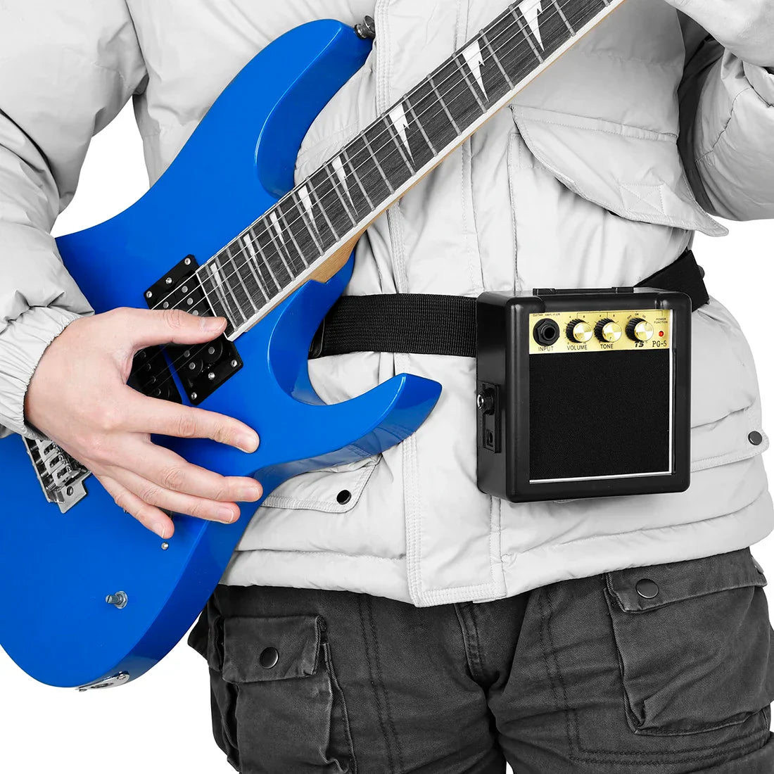 Vibrant blue electric guitar with white fretboard inlays paired with irin audio portable white box black audio amplifier