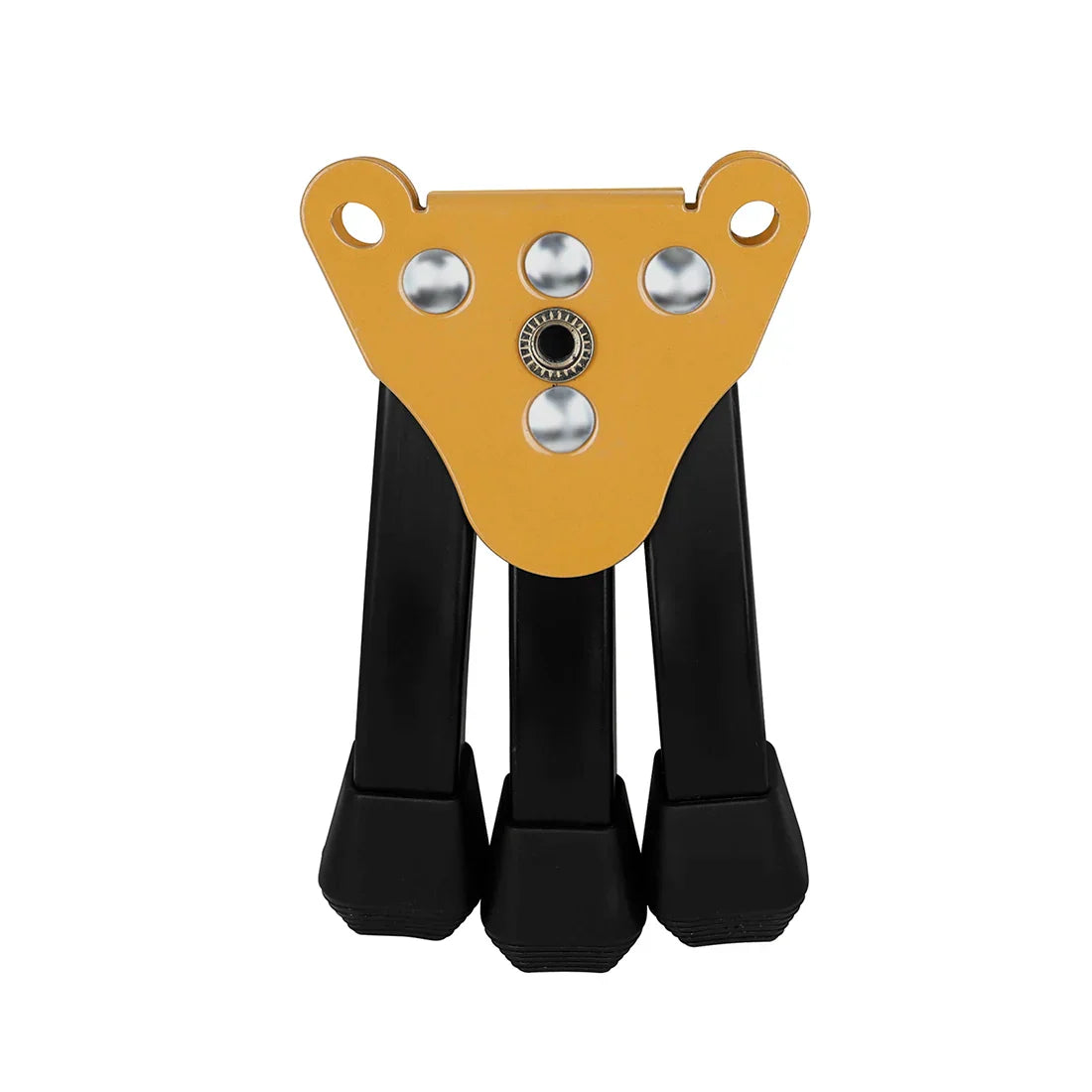 Yellow triangular metal irin clarinet stand with black rubber feet and silver rivets foldable metal tripod soprano sax bracket