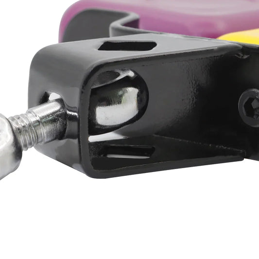 Black metal bracket with silver bolt and hex screw with curved purple plastic of irin double sambago yellow purple cowbell low sound knocker