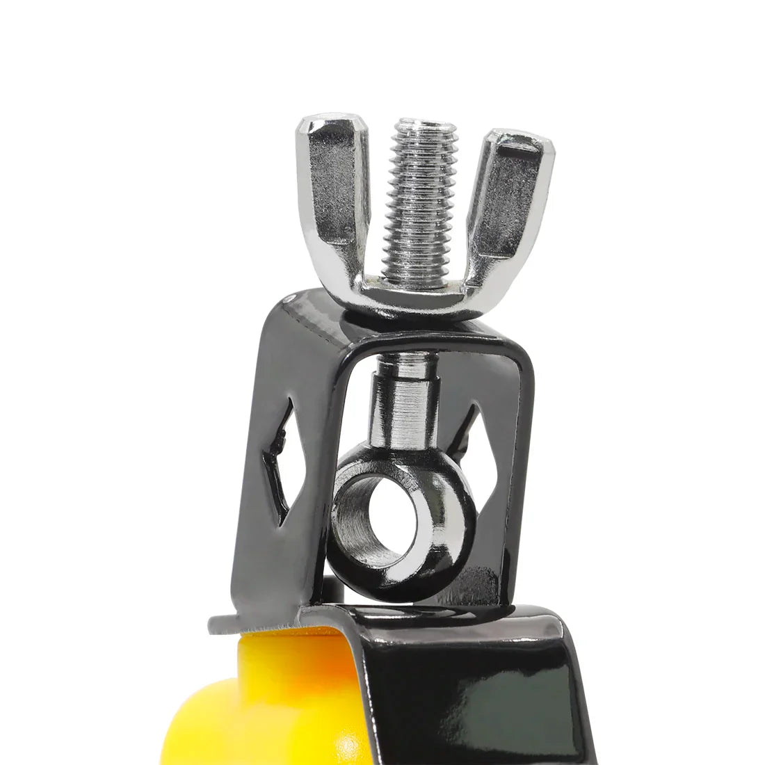 Black metal clamp with silver wing nut securing yellow plastic part of irin double sambago purple cowbell high low sound knocker