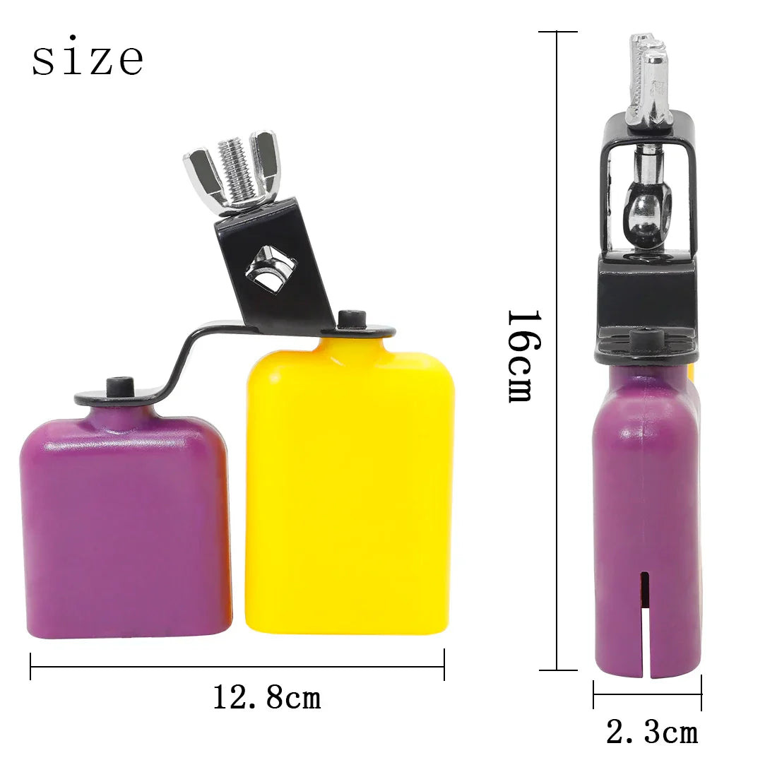 Irin double sambago yellow purple cowbell percussion instruments with black metal clamps and silver low sound knocker hardware