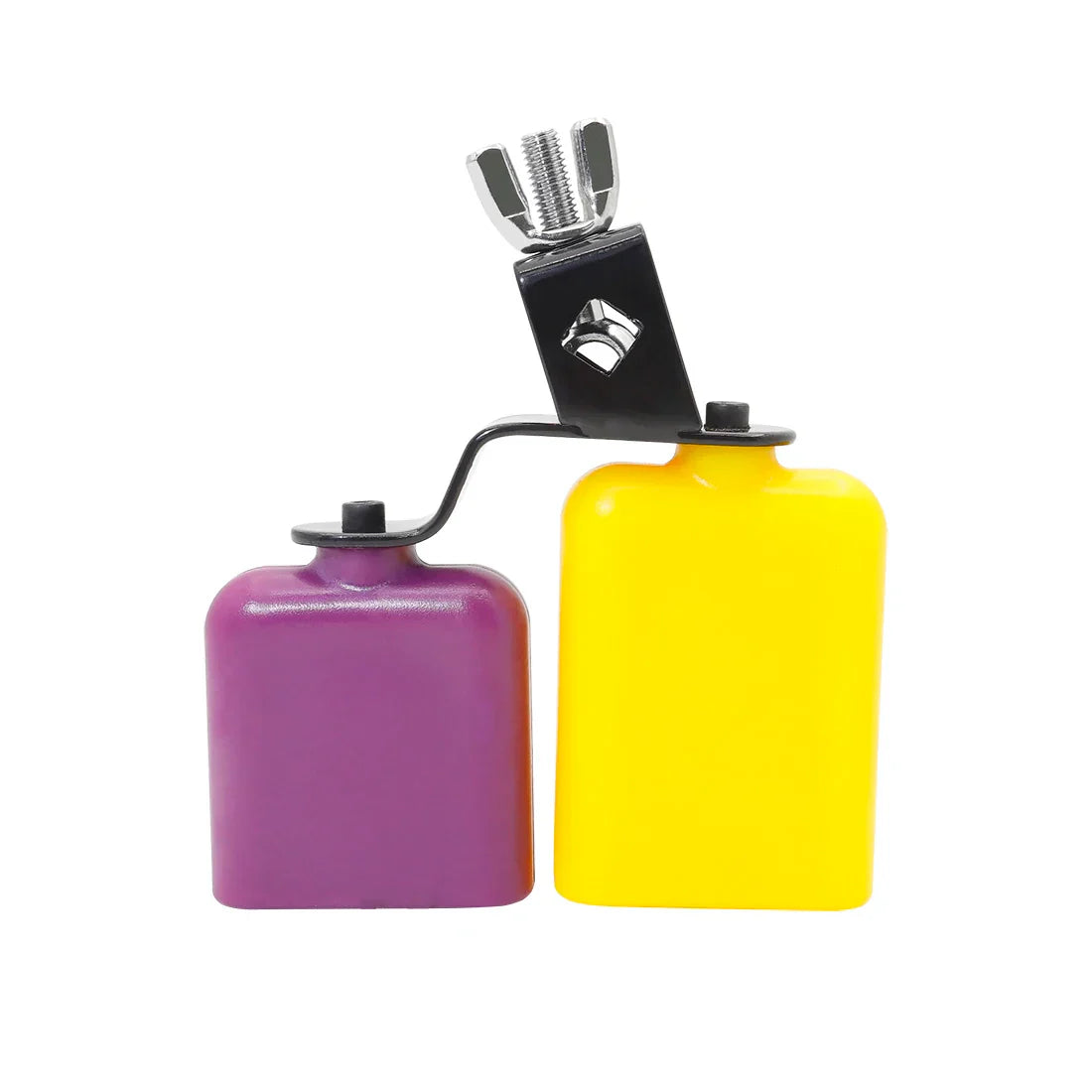 Irin double sambago yellow purple cowbell percussion instruments with black metal clamp for low sound knocker use