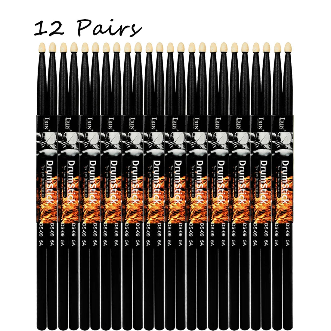 Irin drumstick jazz 5a solid maple black drumsticks with flame-patterned labels and beige tips for percussion music instrument