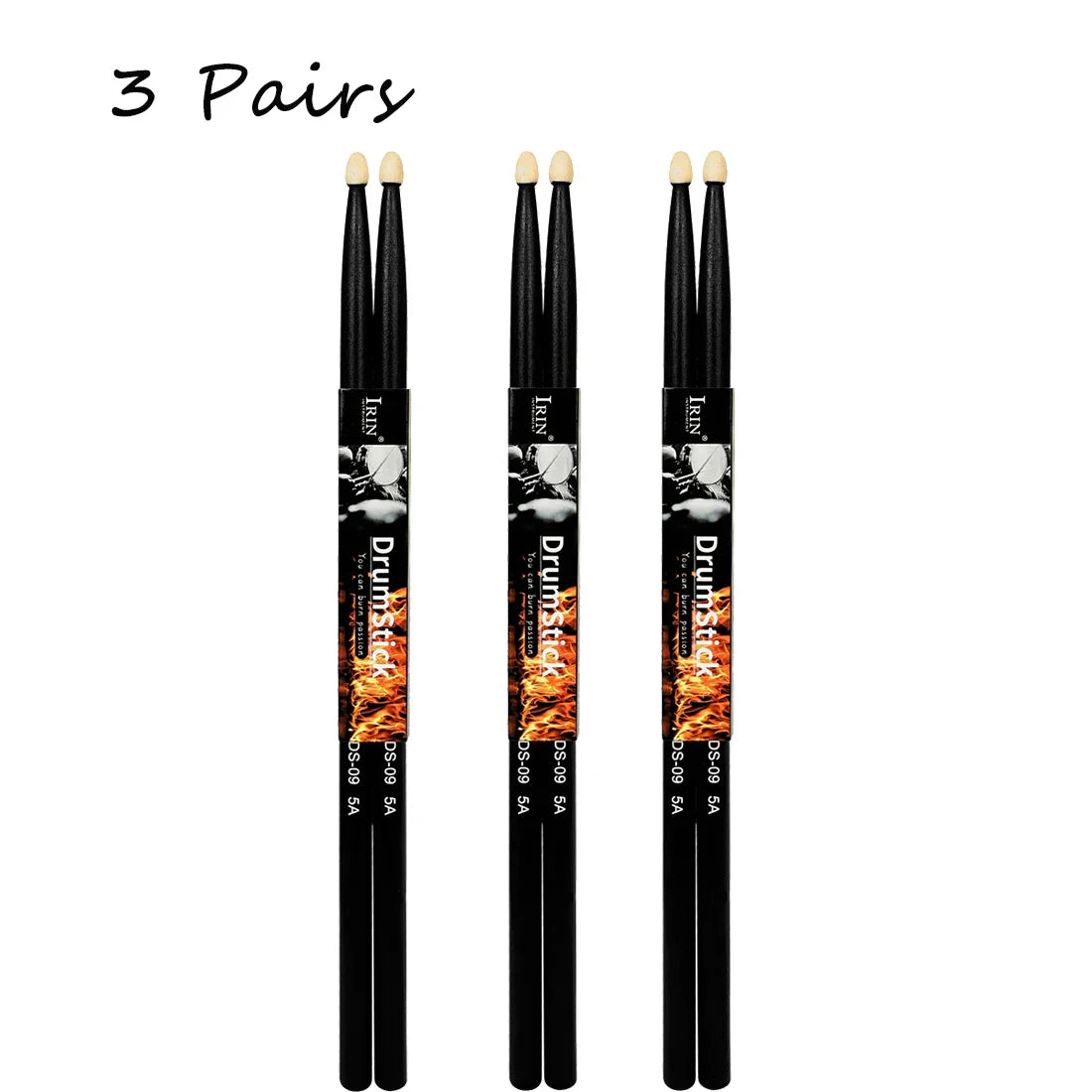 Black irin drumstick jazz 5a solid wood percussion music instrument with flame-patterned wraps and white tips model ds-09