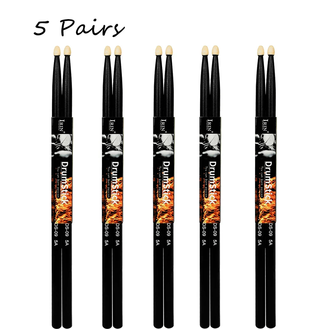 Five pairs of irin drumstick jazz drum 5a solid black maple wood sticks with flame labels and cream tips for percussion music instrument