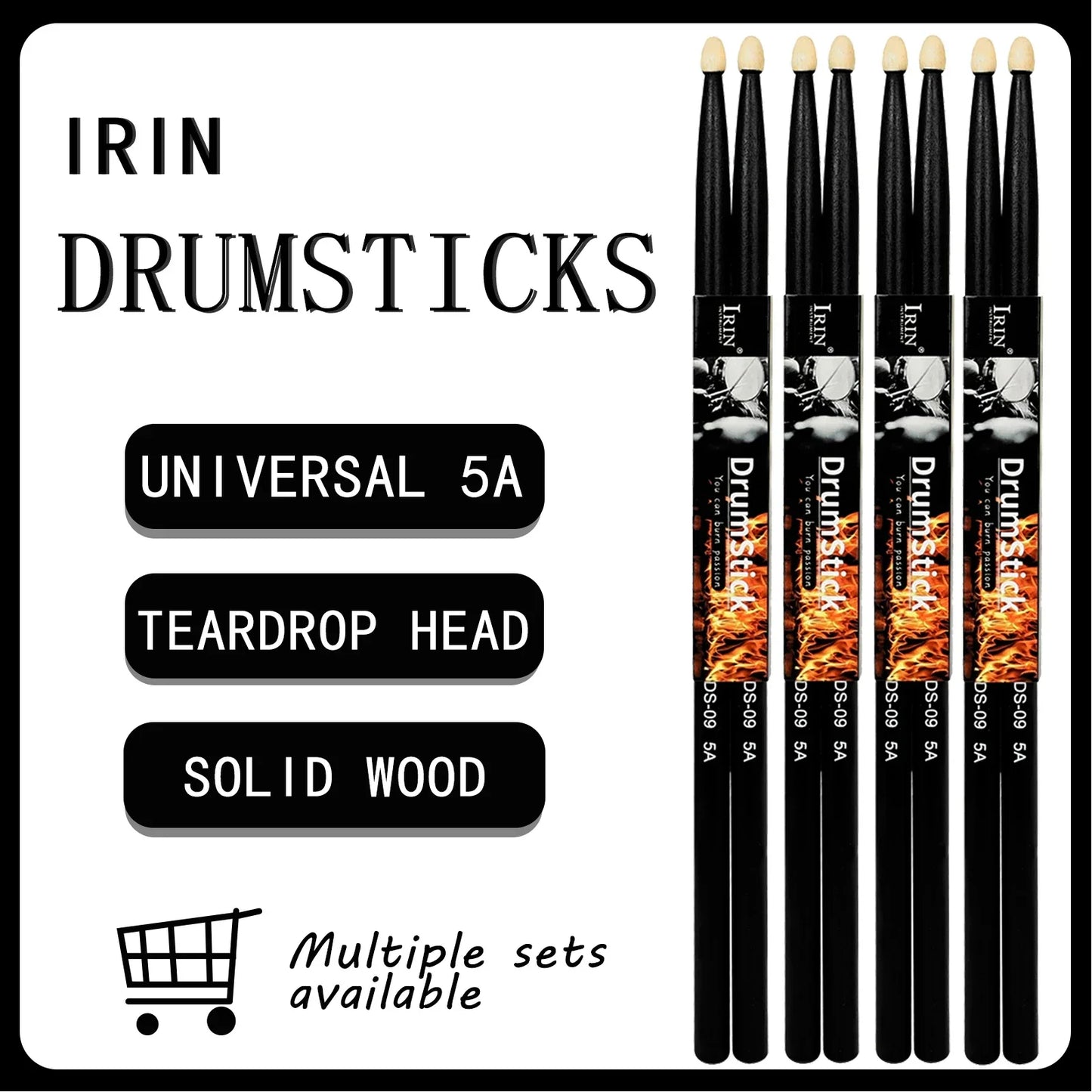 Black irin drumstick jazz 5a solid wood pair with teardrop head and orange flame design for percussion music instrument
