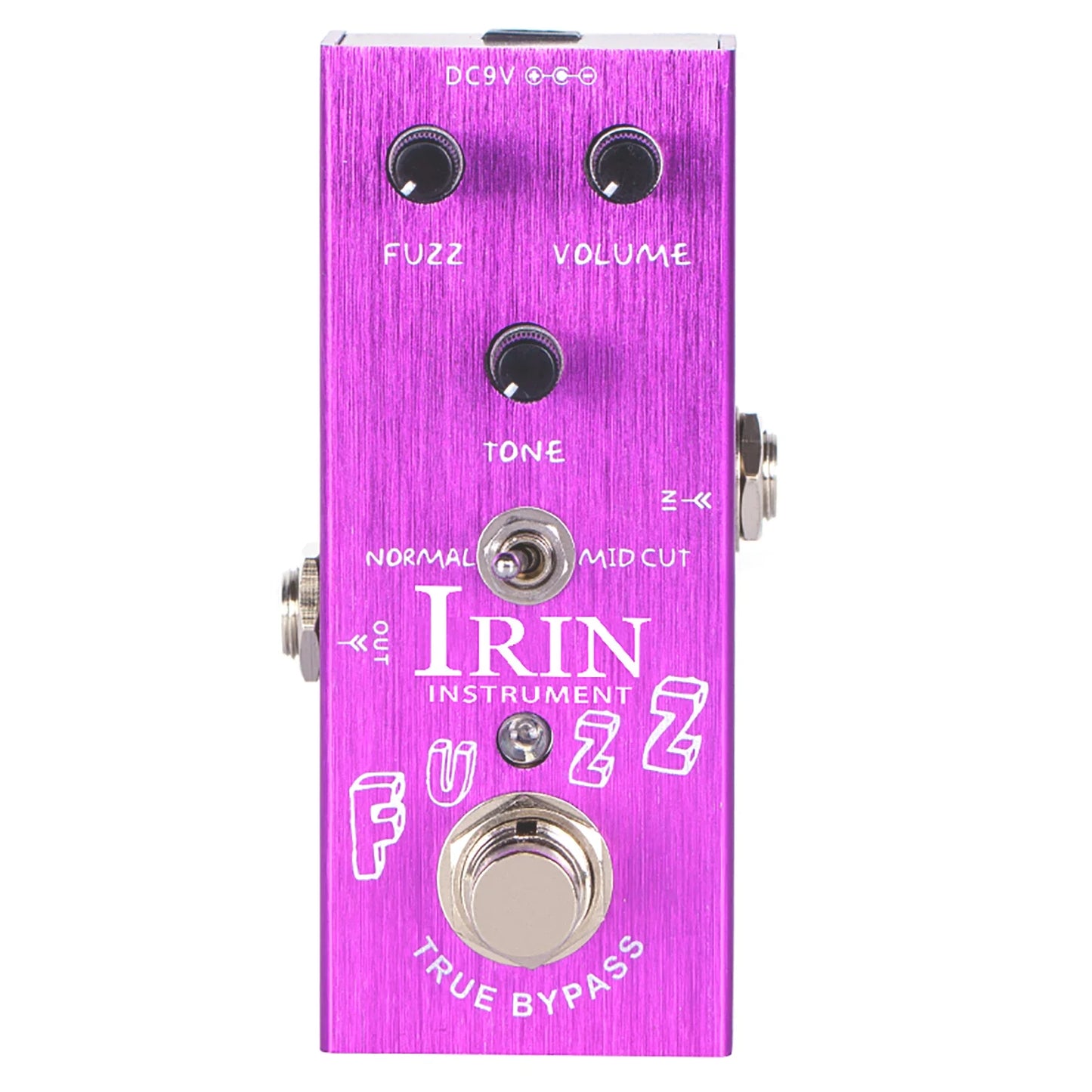 Purple brushed metal irin electric guitar effects pedal with true bypass design and aluminum alloy casing with three black knobs