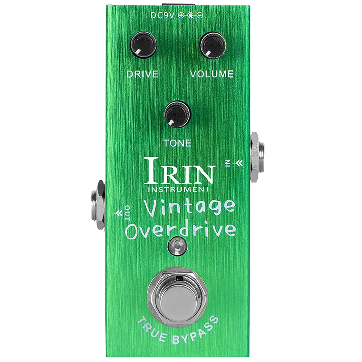 Green brushed metal irin vintage overdrive guitar pedal with aluminum alloy casing and true bypass design