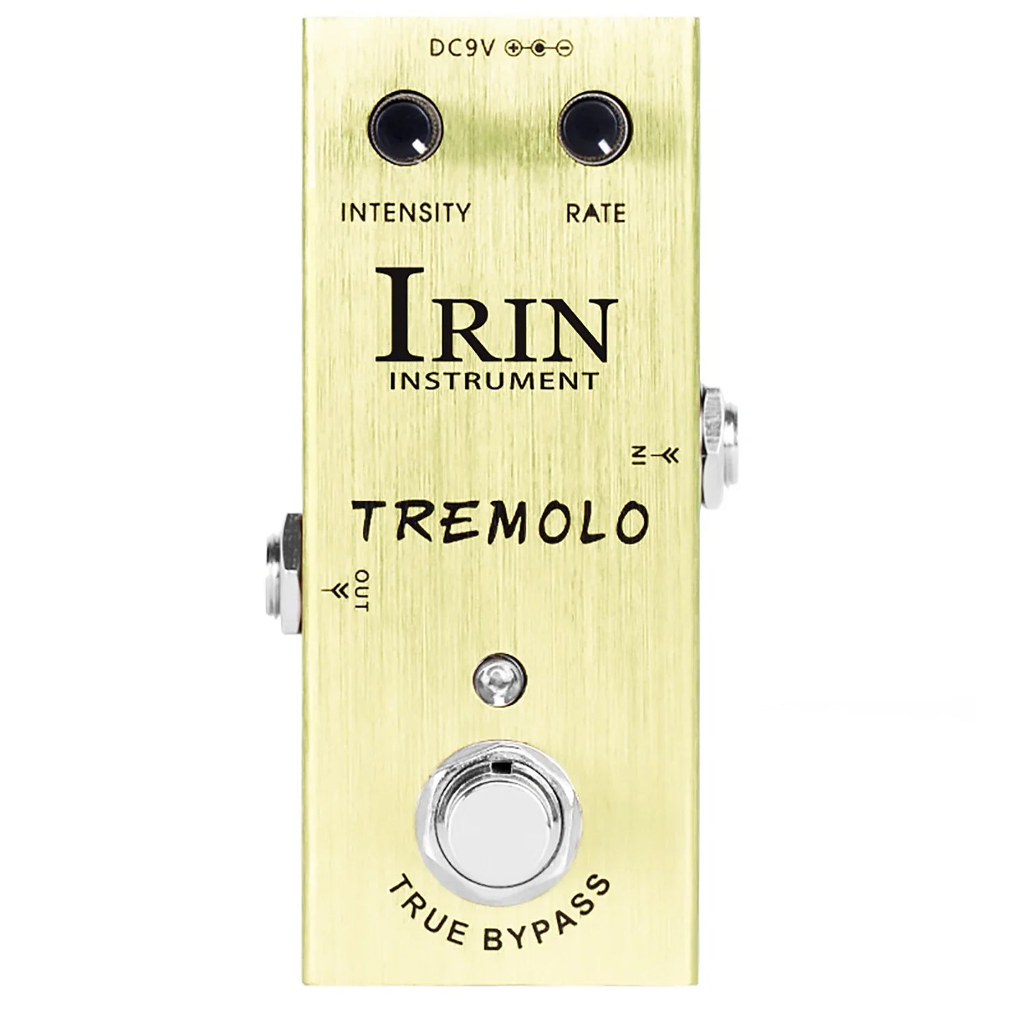 Gold-colored irin electric guitar effects pedal with true bypass design and aluminum alloy casing for versatile tone control
