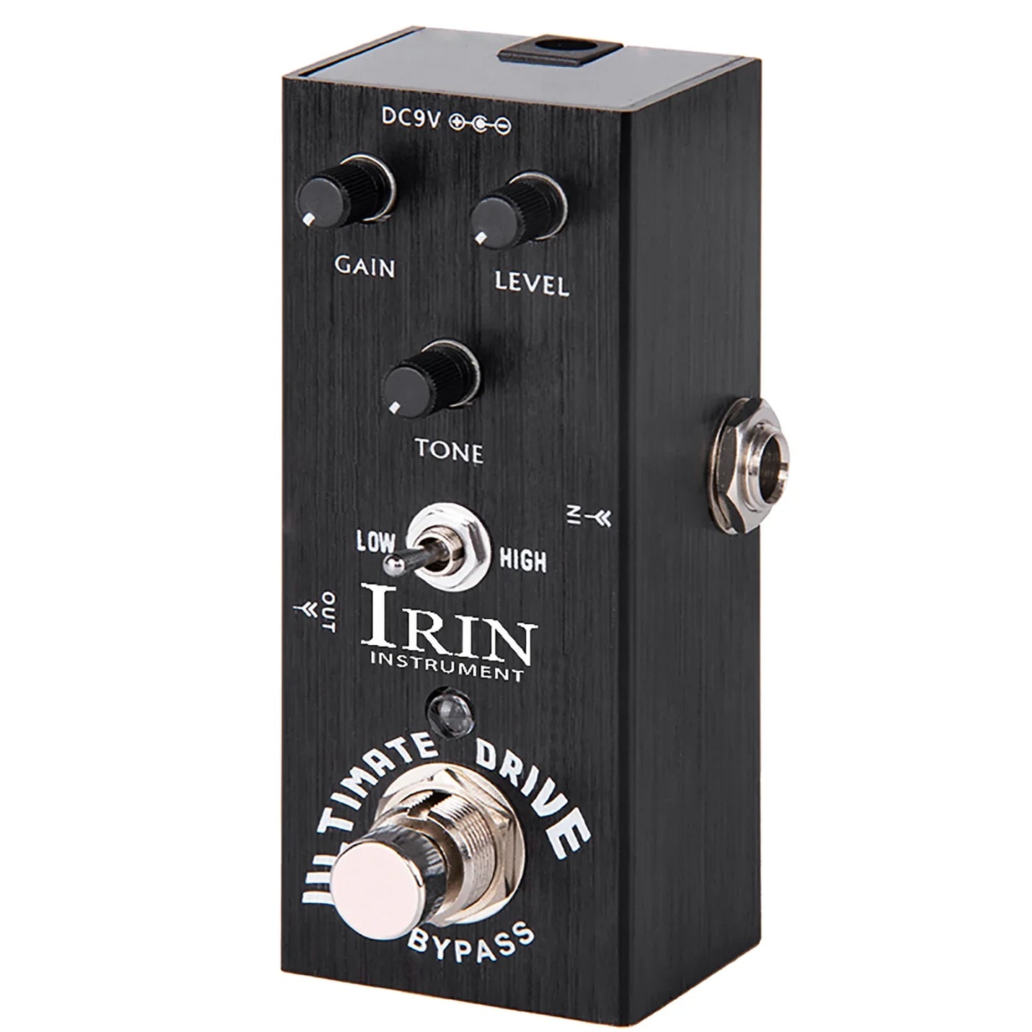 Black irin ultimate drive guitar pedal with true bypass design aluminum alloy casing and three knobs for gain level and tone