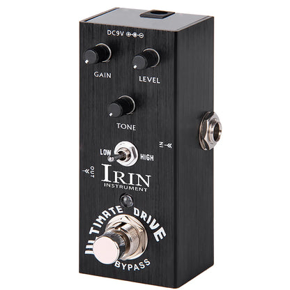 Black irin ultimate drive guitar pedal with true bypass design aluminum alloy casing and three knobs for gain level and tone