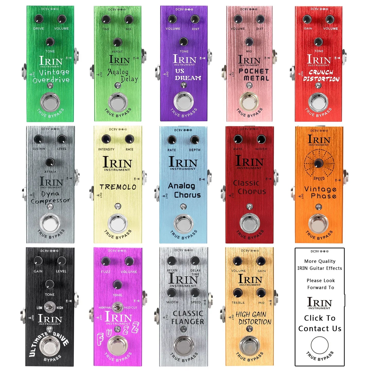 A collection of colorful irin electric guitar effects pedals with true bypass design and aluminum alloy casing