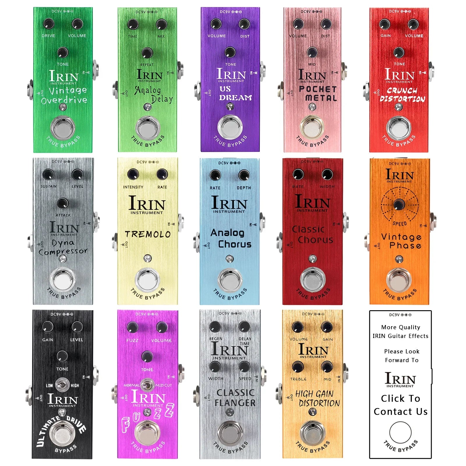 A collection of colorful irin electric guitar effects pedals with true bypass design and aluminum alloy casing