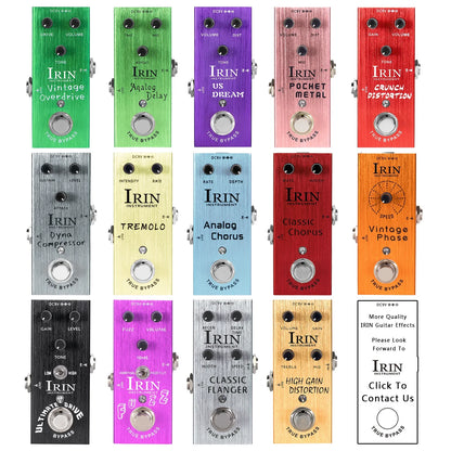 A collection of colorful irin electric guitar effects pedals with true bypass design and aluminum alloy casing