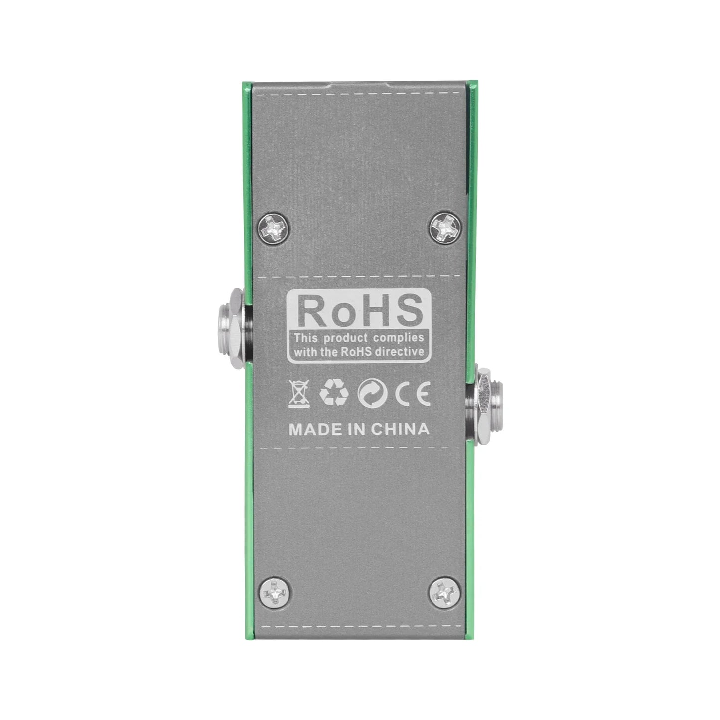 Back side of irIN electric guitar effects pedal with green-edged aluminum alloy casing and true bypass design labels