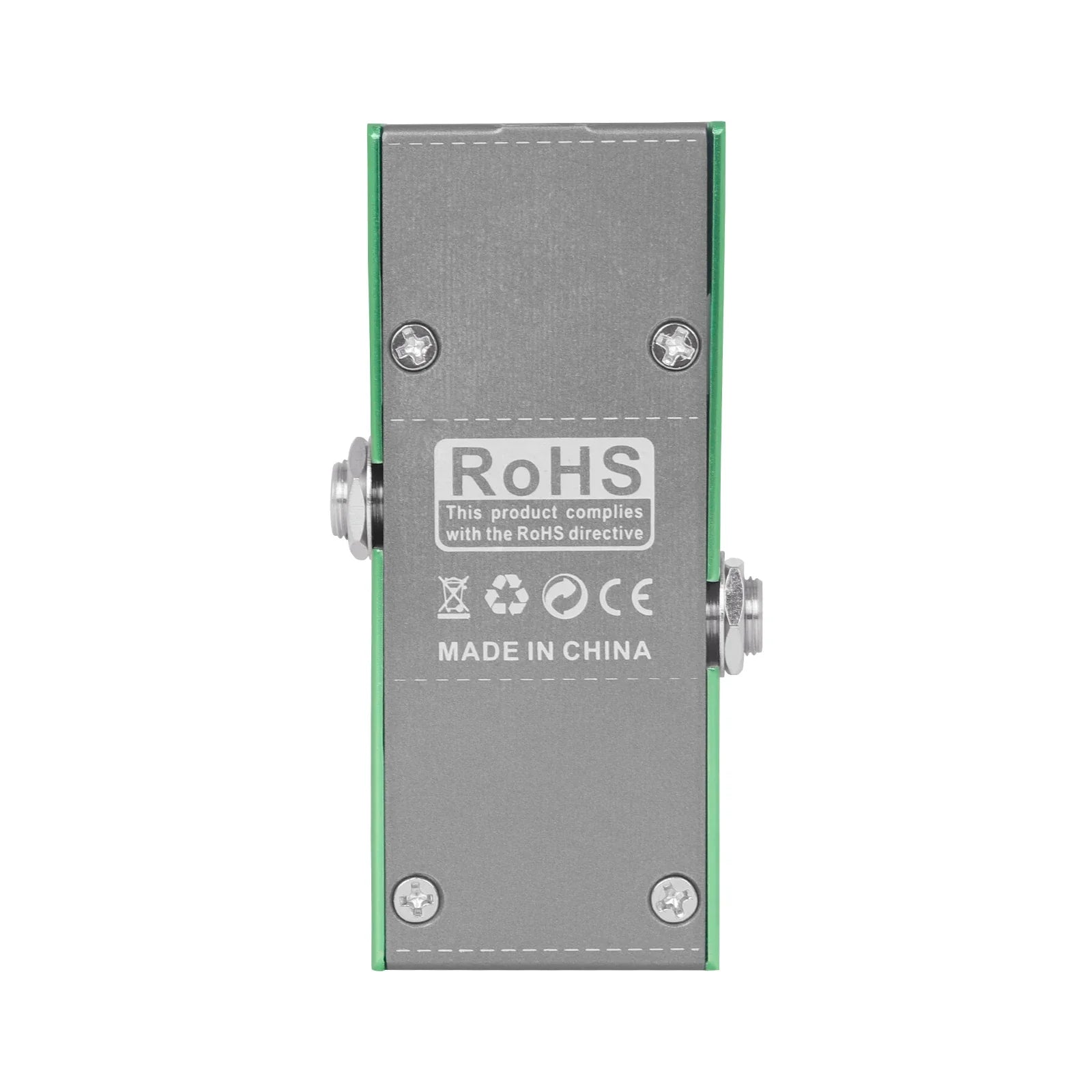 Back side of irIN electric guitar effects pedal with green-edged aluminum alloy casing and true bypass design labels