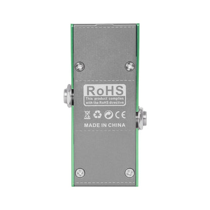 Back side of irIN electric guitar effects pedal with green-edged aluminum alloy casing and true bypass design labels