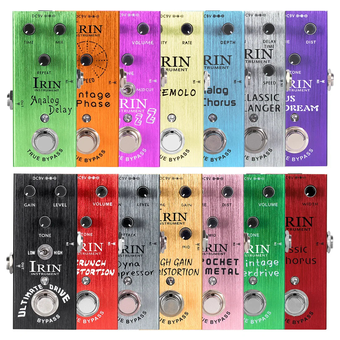 A vibrant array of irin true bypass design guitar effects pedals in aluminum alloy casing with vintage overdrive and analog delay