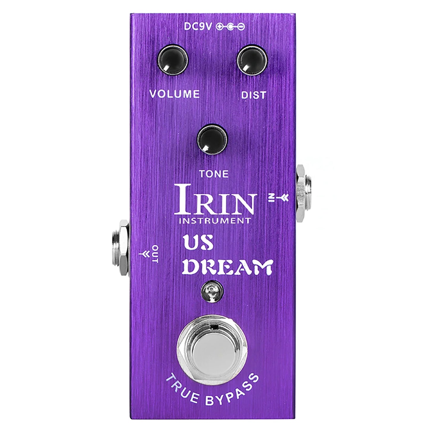 Purple metallic IRIN electric guitar effects pedal with silver knobs and chrome footswitch featuring true bypass design and aluminum alloy casing