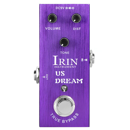 Purple metallic IRIN electric guitar effects pedal with silver knobs and chrome footswitch featuring true bypass design and aluminum alloy casing