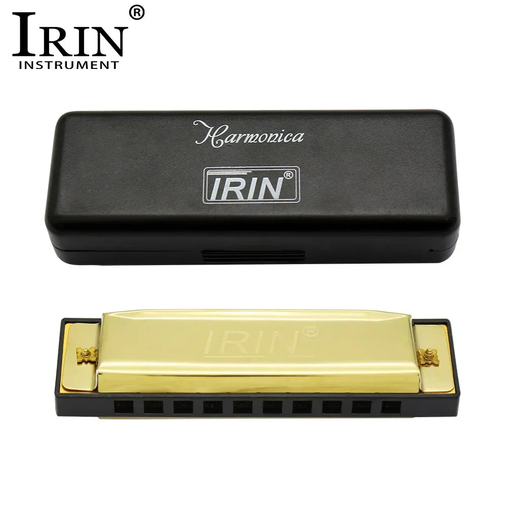 Gold-colored irin 10 hole 20 tones harmonica mouth organ with black plastic casing and matching case for music enthusiasts woodwind