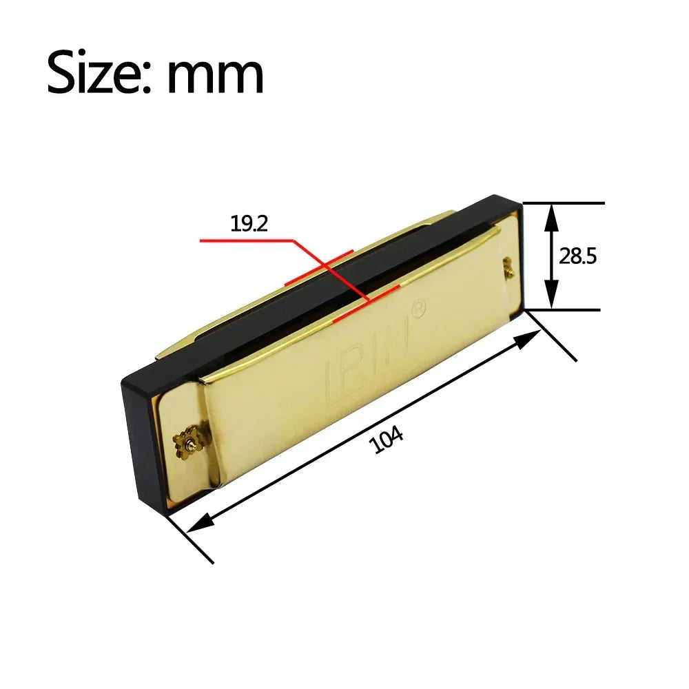 Gold-colored irin 10 hole 20 tones harmonica mouth organ with black casing engraved branding for music enthusiasts woodwind