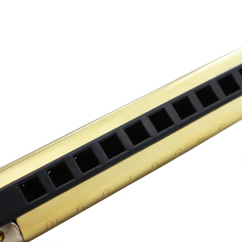 Gold-colored irin 10 hole tones harmonica mouth organ with black mouthpiece and engraved numbers for music enthusiasts woodwind