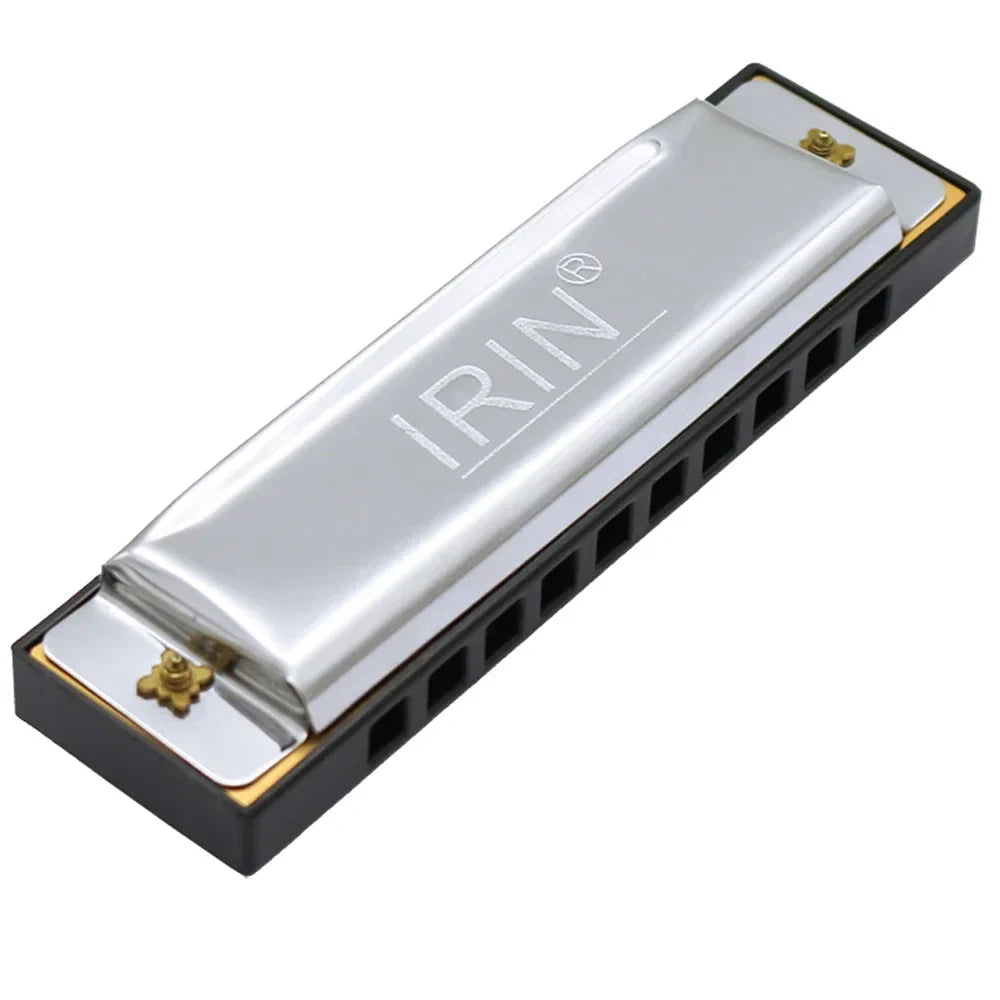 Silver irin 10 hole 20 tones harmonica mouth organ with black plastic casing and gold tuning pins for music enthusiasts woodwind players