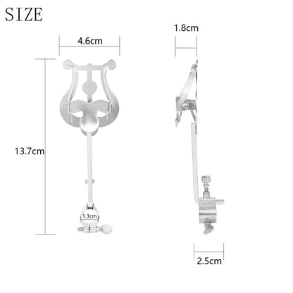 Silver metal lyre-shaped music stand clarinet with adjustable clamp for portable marching sheet use displayed with dimensions