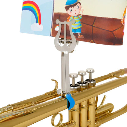 Silver harp-shaped metal trumpet stand with blue rubber grip for portable marching sheet music stand clarinet trumpet use