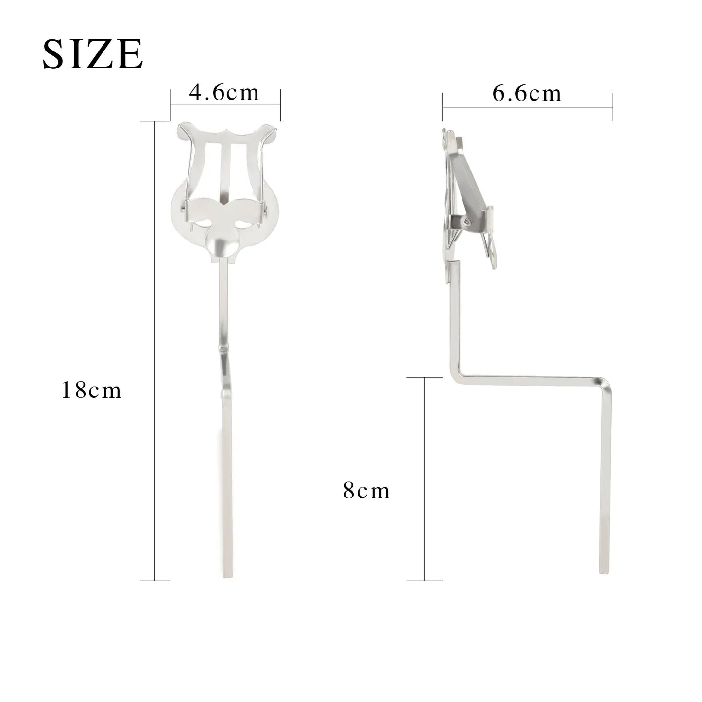 Silver-colored metal irin music stand with lyre shape and adjustable clamp for flute trumpet clarinet winds saxophone baritone portable use