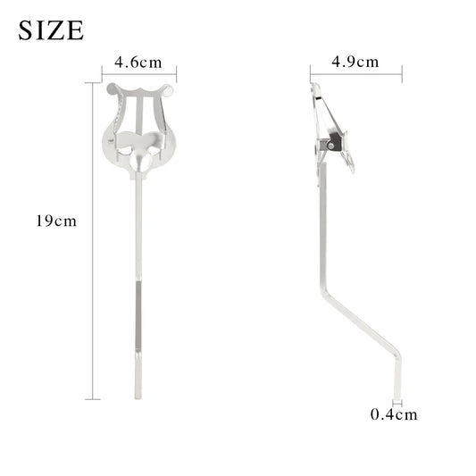 Silver lyre-shaped irrin music stand with sleek metallic finish and adjustable arm for trumpet clarinet winds saxophone baritone portable use