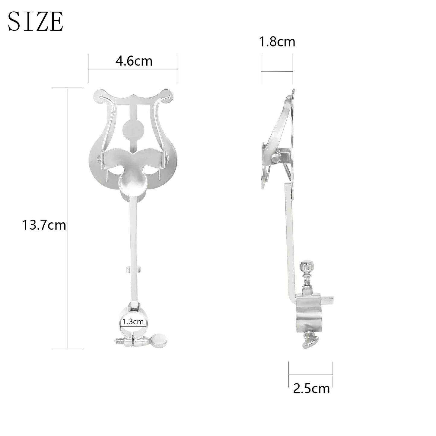 Silver metal lyre-shaped music stand clamp with adjustable mechanism for trumpet clarinet winds and saxophone baritone portable use