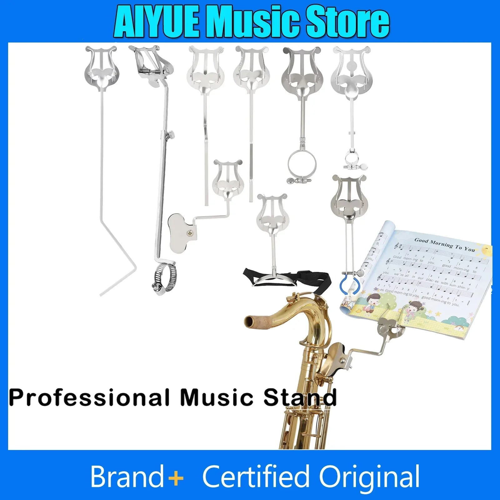Silver metal music stand clips with adjustable arms and clamps for saxophone baritone portable and trumpet clarinet winds