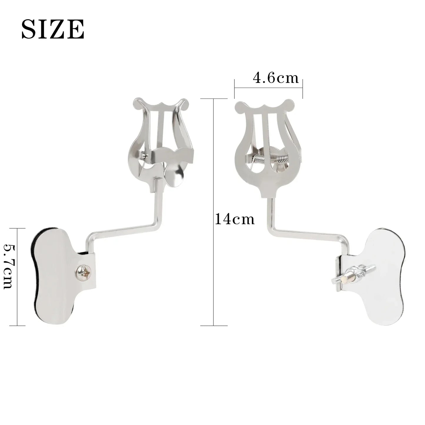Silver metallic lyre-shaped music stand clip with adjustable arm and wall-mounted base for saxophone baritone portable use