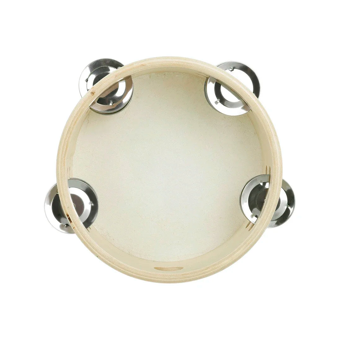Beige wooden irin orff 6 inch tambourine sheepskin with four chrome jingles for children enlightenment music education