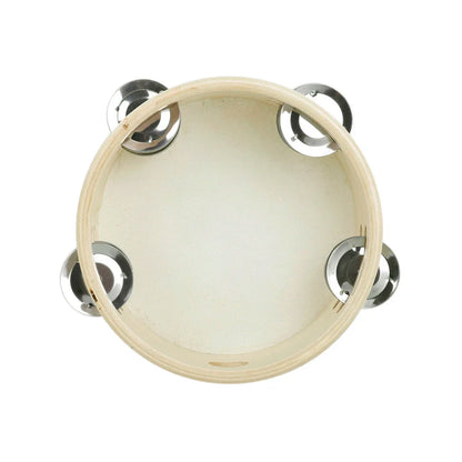 Beige wooden irin orff 6 inch tambourine sheepskin with four chrome jingles for children enlightenment music education