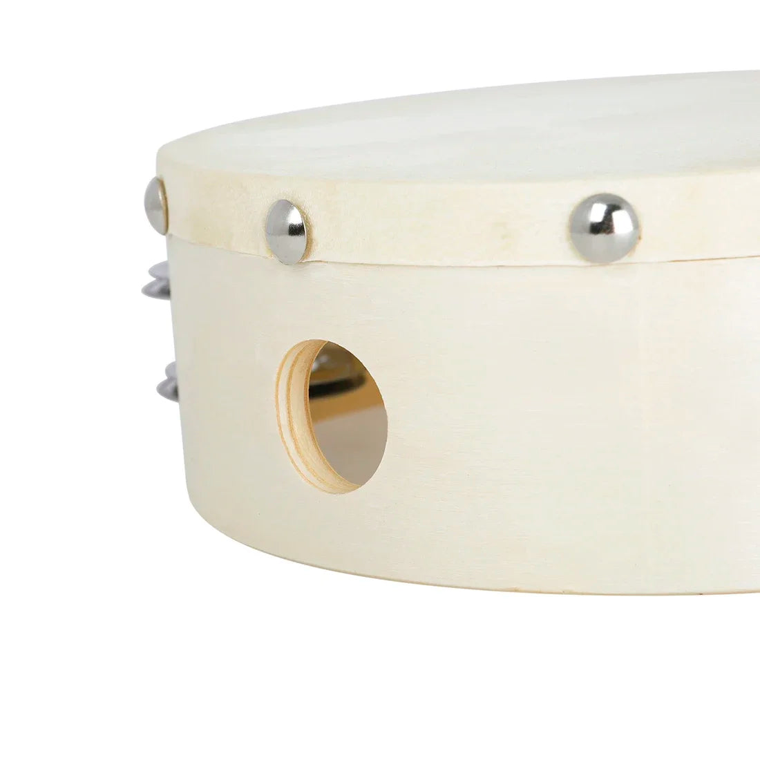 Cream-colored irin orff 6 inch tambourine sheepskin with silver jingles and metal studs for children enlightenment music