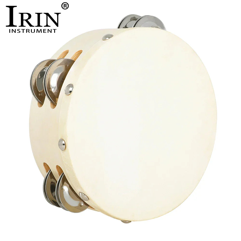 Cream-colored irin orff 6 inch tambourine sheepskin handheld drum with metallic jingles for children enlightenment music