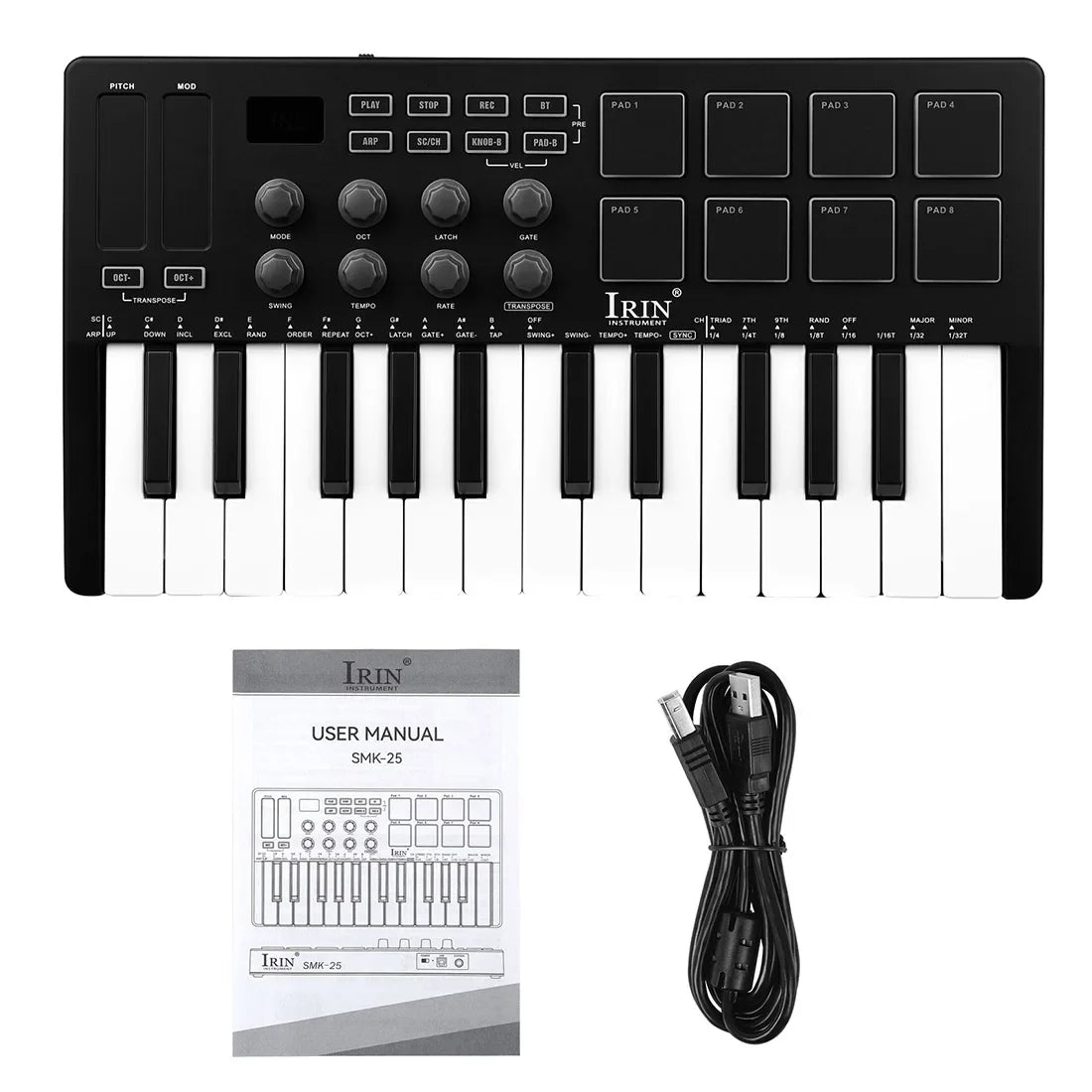 Black irin smk-25 midi keyboard controller with 25 keys and rgb backlit drum pads for music production