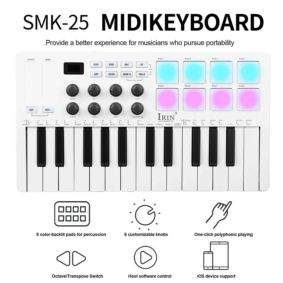 White irin smk-25 midi keyboard controller with 25 keys and rgb backlit drum pads rechargeable via usb for music production