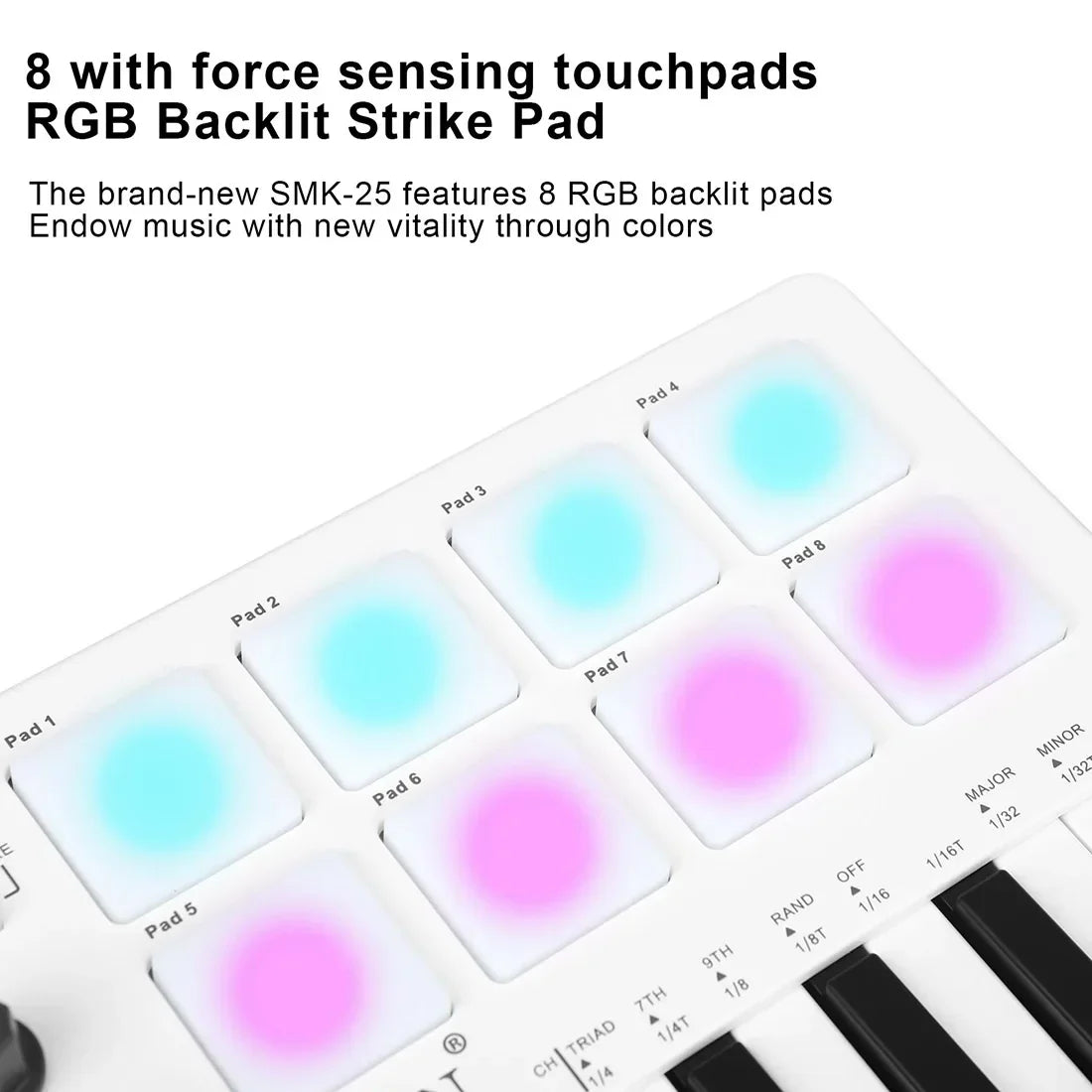 White irín smk-25 midi keyboard controller with 25 keys and 8 rgb backlit drum pads rechargeable for music production
