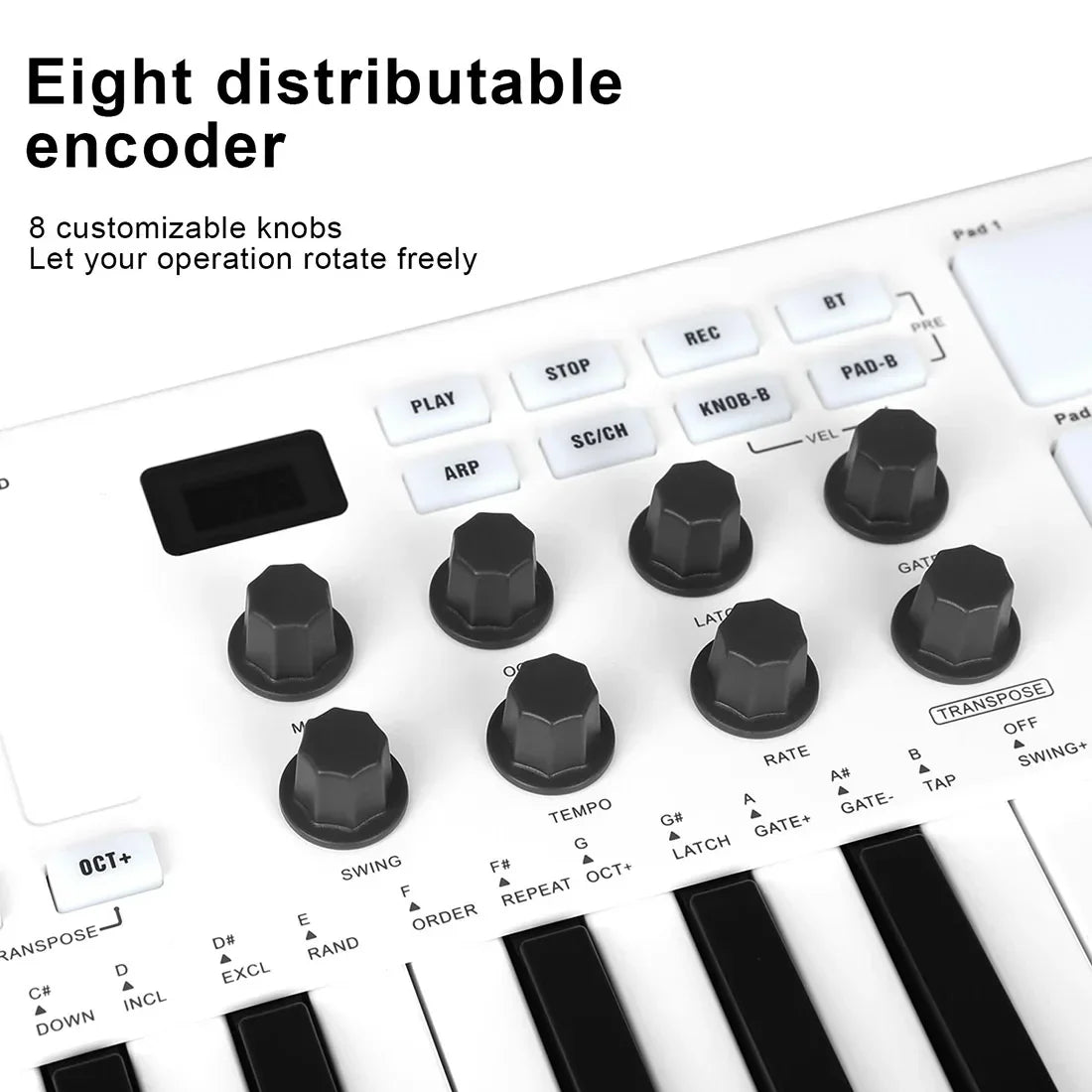 White irin smk-25 midi keyboard controller with 25 keys eight black hexagonal rgb backlit drum pads rechargeable usb