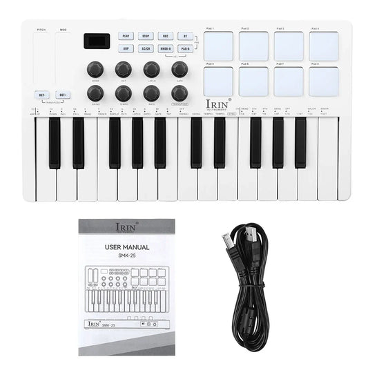 White irin smk-25 midi keyboard controller with black keys and rgb backlit drum pads rechargeable via usb