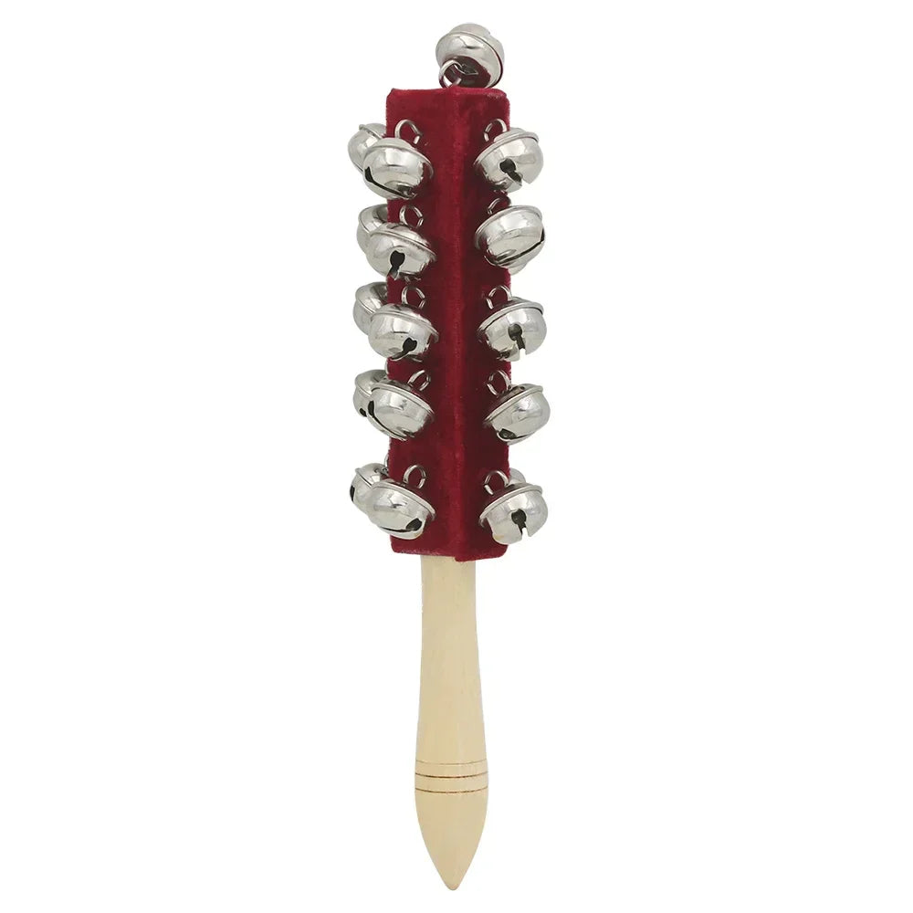 Red velvet-covered bell rod orff with silver bells and light wood handle stick shaker musical for children kids gifts