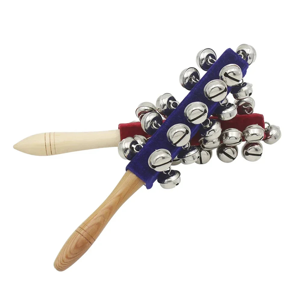 A pair of wooden-handled bell rod orff stick shaker musical with silver bells wrapped in blue and red fabric for children kids gifts