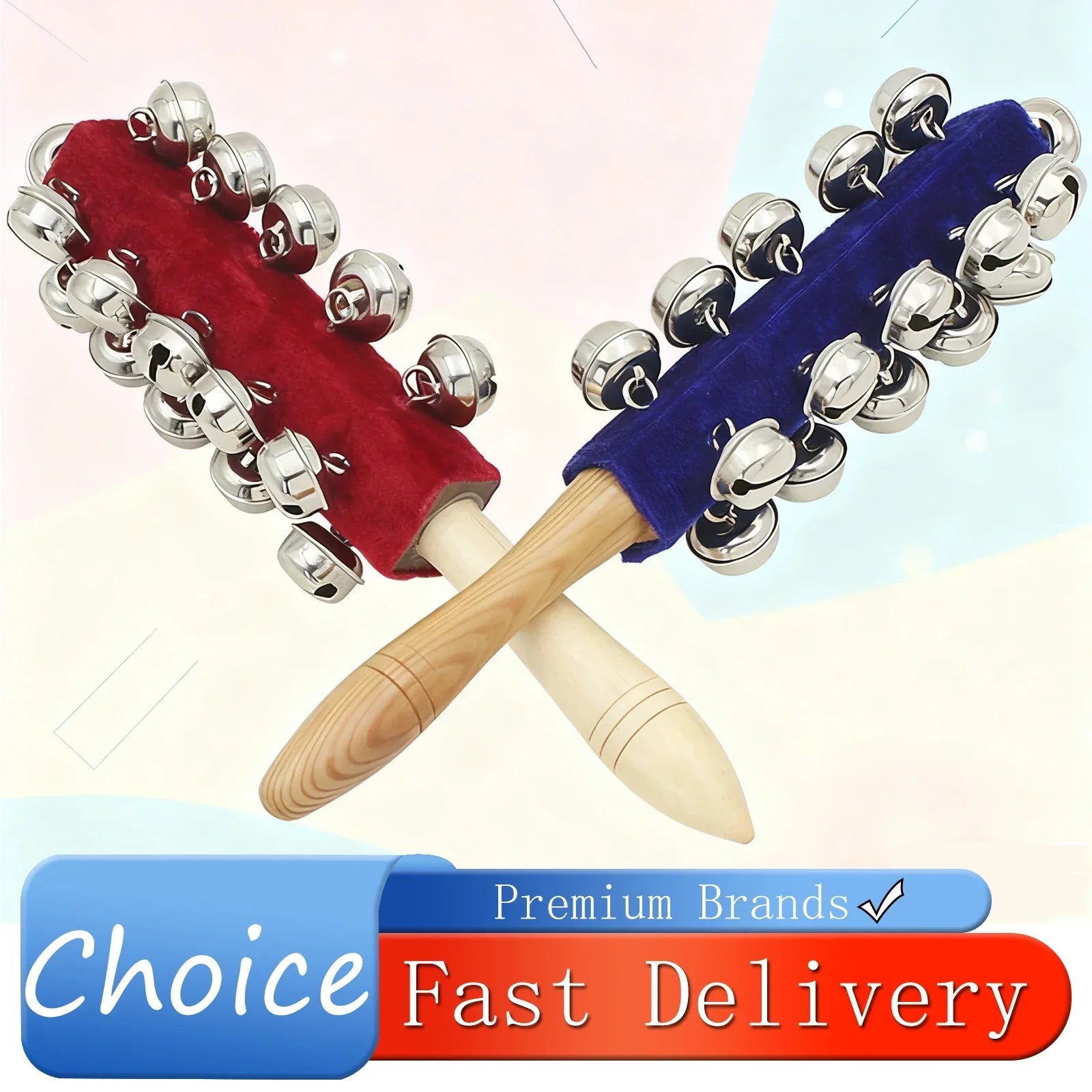 Red and blue velvet-covered bell rod orff with silver jingle bells wooden stick shaker musical for children kids gifts