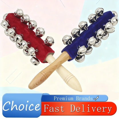 Red and blue velvet-covered bell rod orff with silver jingle bells wooden stick shaker musical for children kids gifts
