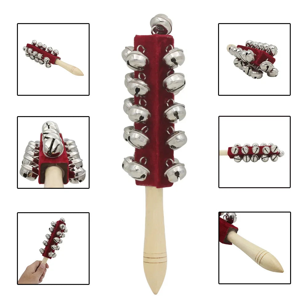 Red velvet-covered irin wooden bell rod orff with silver bells and light wood handle stick shaker musical for children kids gifts