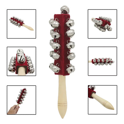 Red velvet-covered irin wooden bell rod orff with silver bells and light wood handle stick shaker musical for children kids gifts